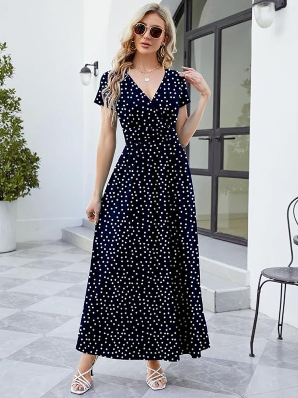 Women's 2026 Wrap V Neck Maxi Dress Short Sleeve Empire Waist Flowy Summer Long